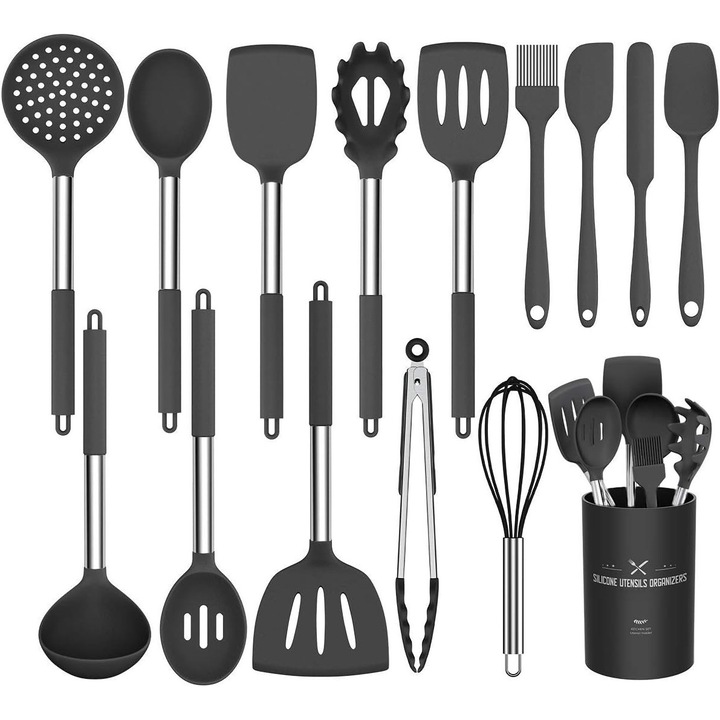 Set 15 Ustensile de Bucatarie, Silicon Alimentar Fara BPA, Rezistente la Temperatura -40°C pana la 230°C, Antiaderente, Flexibile si Durabile, Ideal pentru Gatit Zilnic, Negru