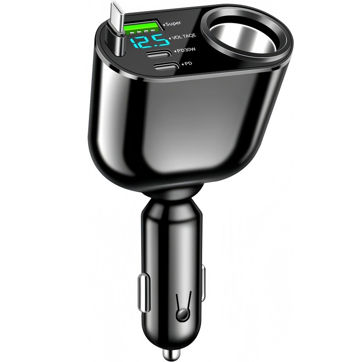 HouDeOS Gyors autós töltő, behúzható USB-C kábel, kompatibilis 12 V-os és 24 V-os szivargyújtó csatlakozókkal, állítható szög, USB és PD Type-C csatlakozó