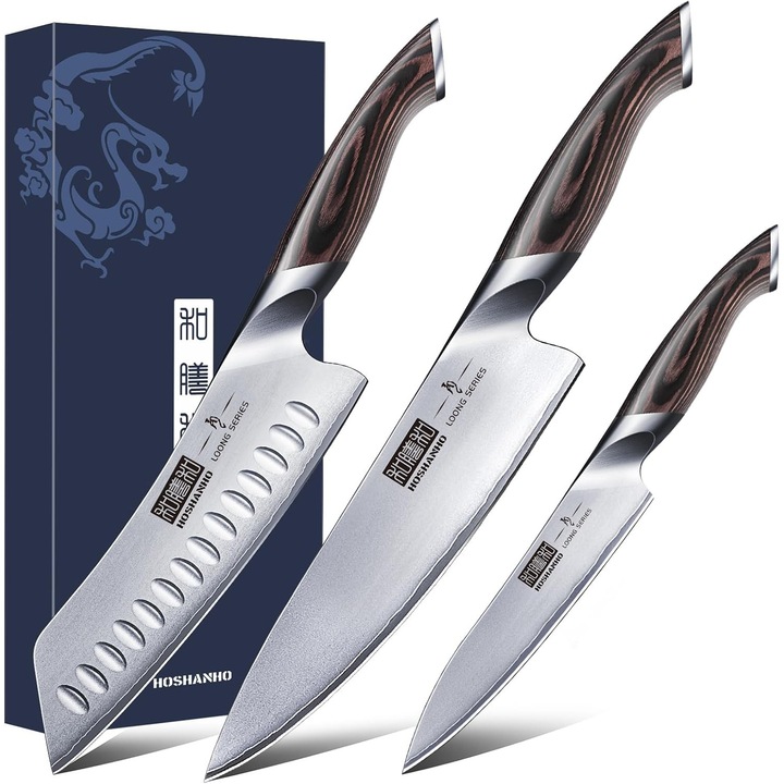 Set cutite HOSHANHO Loong, 3 piese, cutite in stil japonez, lama din otel damascus, maner din lemn, Maro