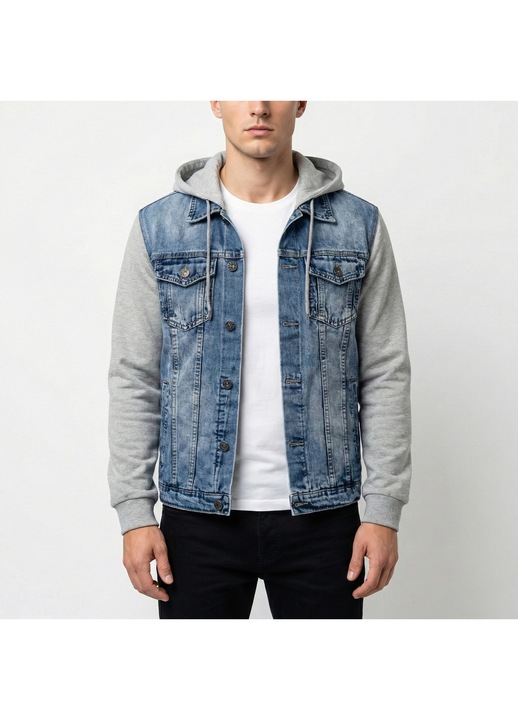 Geaca de blugi pentru barbati Realize, cu gluga si maneci gri tricotate, albastra