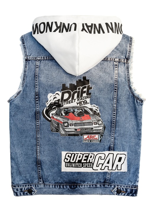 Vesta de blugi fara maneci pentru barbati Realize, cu gluga alba imprimata si margini taiate, albastru deschis, XL