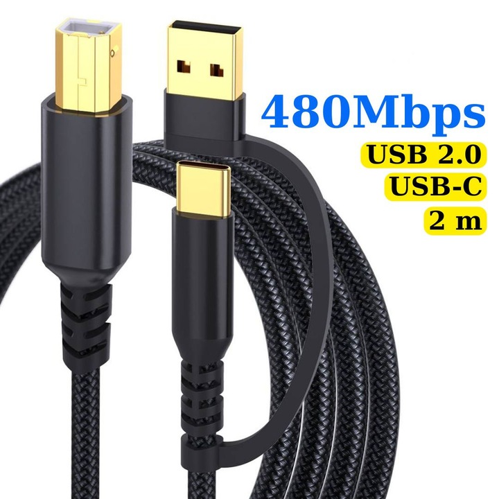 2 в 1 кабел за принтер, AHA PRINT®, USB-A и USB-C към USB-B 2.0, дължина 2 м, съвместим с принтер, факс, лаптоп и компютър, Plug and Play, стабилен печат, издръжлив, бърз трансфер 480 Mbps, черен