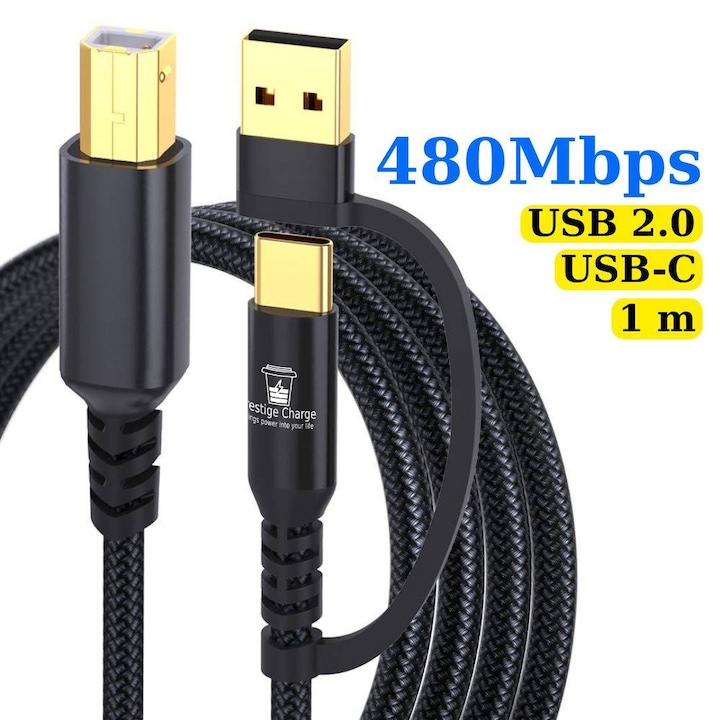 2 az 1-ben nyomtatókábel, PRESTIGE CHARGE®, USB-A és USB-C - USB-B 2.0, 1 m hosszú, kompatibilis nyomtatóval, faxszal, laptoppal és PC-vel, plug and play, stabil nyomtatás, tartós, gyors átvitel 480 Mbps, fekete