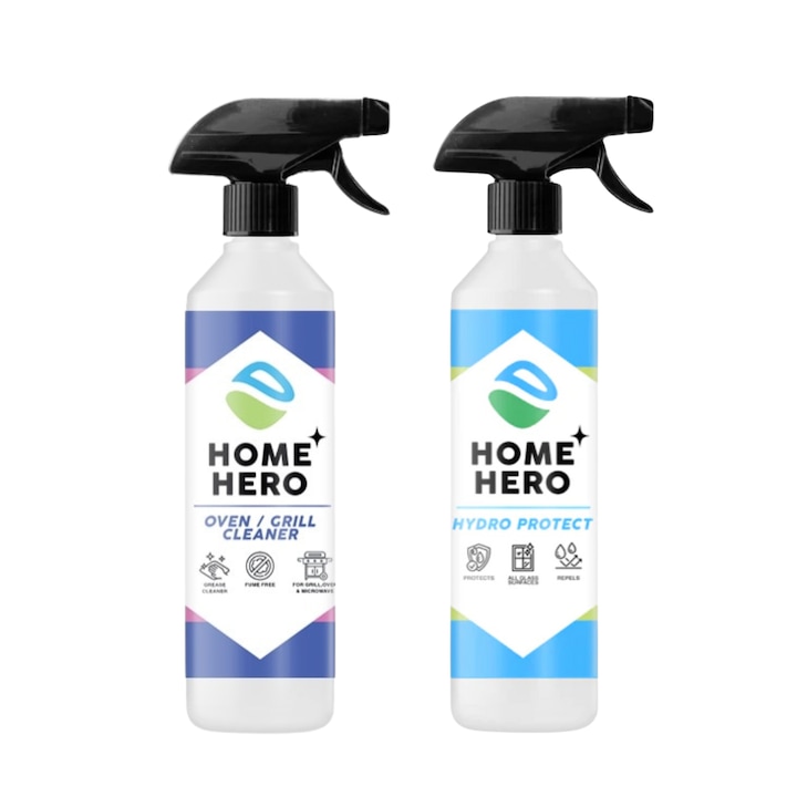 Pachet 2 Solutii Home Hero, 500ml – HydroProtect cu Efect Hidrofob pentru Sticla si Inox + Oven & Grill Cleaner cu Formula Puternica pentru Cuptor si Gratar