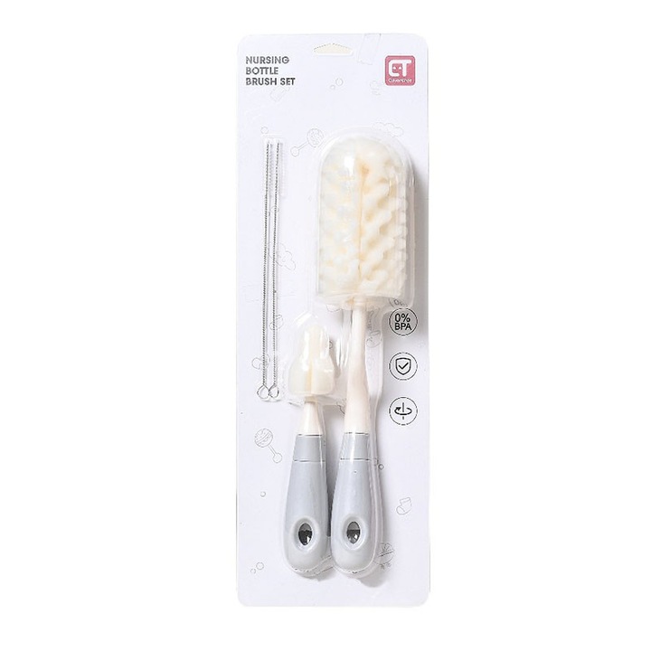 Set 4 perii pentru curatare biberon si tetina, NAXSIR, burete elastic, maner ergonomic, usor de folosit, gri