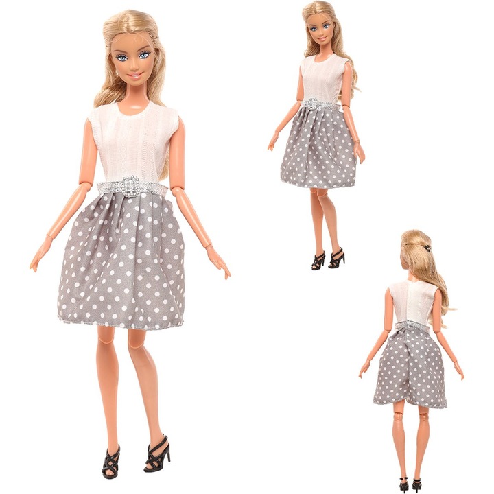 Baba szürke pöttyös ruhában és kék táskában, Barbie típusú baba, 11,5 cm-es