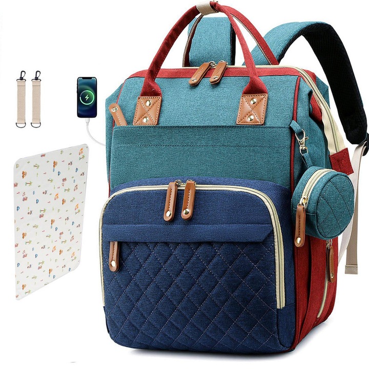 Táska és újrafelhasználható pelenkázó alátét anyukáknak és gyerekeknek, 16 rekesz, telefontöltő port, babakocsi és gurulós tok, fekete