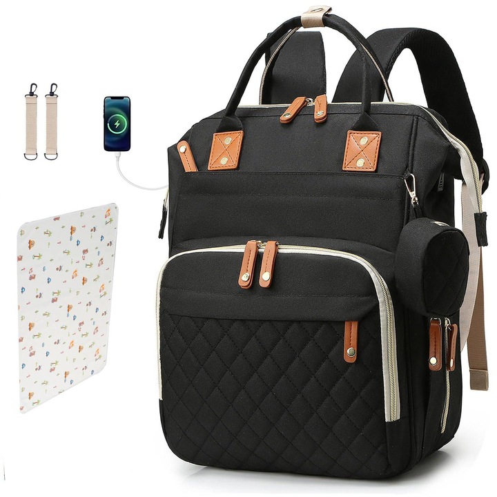 Geanta si Reutilizabil Baby scutec schimbare Pad, pentru Mamici si Copii,16 Compartimente, Port Incarcare Telefon, Prindere Carucior si Troler, Negru