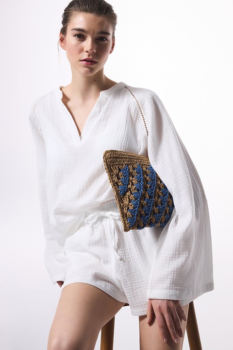 PENTI, Bluza de plaja supradimensionata cu decolteu in V, din bumbac, Alb optic