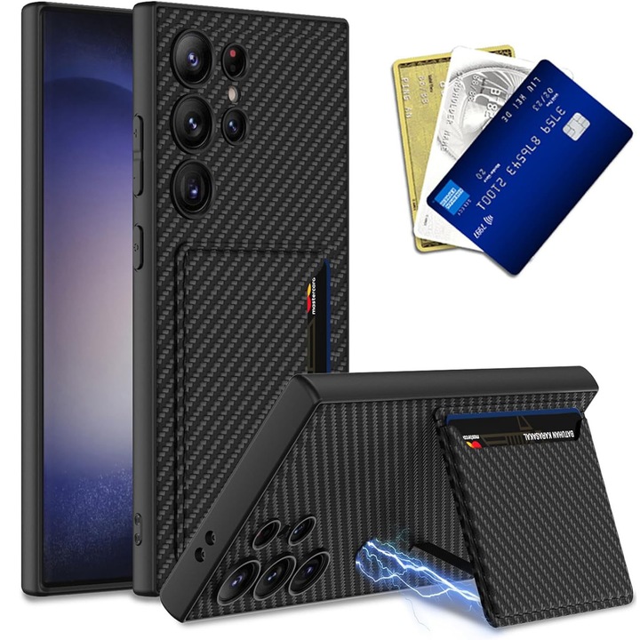 Telefontok, PsAyl®, kártyatartóval, kihajtható állvánnyal, mágneses, szénszálas bőrtok, Samsung Galaxy S24 Ultra készülékhez, fekete