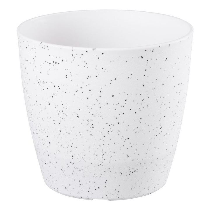 Ghiveci pentru flori din plastic rezistent, culoare alba, Stone Effect, diametru 28 cm, inaltime 26 cm, cu orificiu scurgere