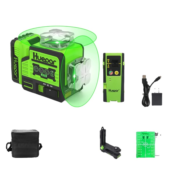 Huepar 8-линеен зелен лазерен нивелир, Bluetooth управление, 10 часа автономност, с детектор, 22.8x22.8x21см