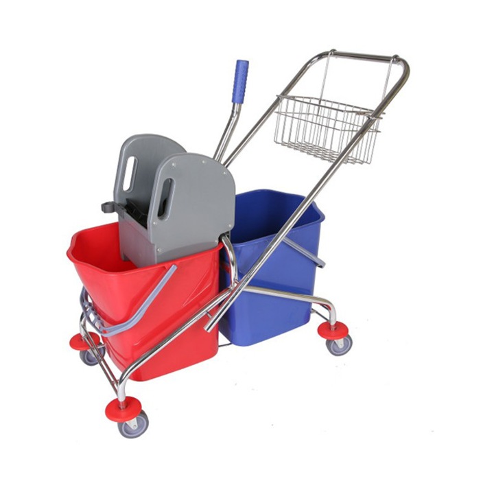 Carucior de curatenie Office1, aluminiu, cu presa, 86 x 41 x 90 cm, 2 x 23 L