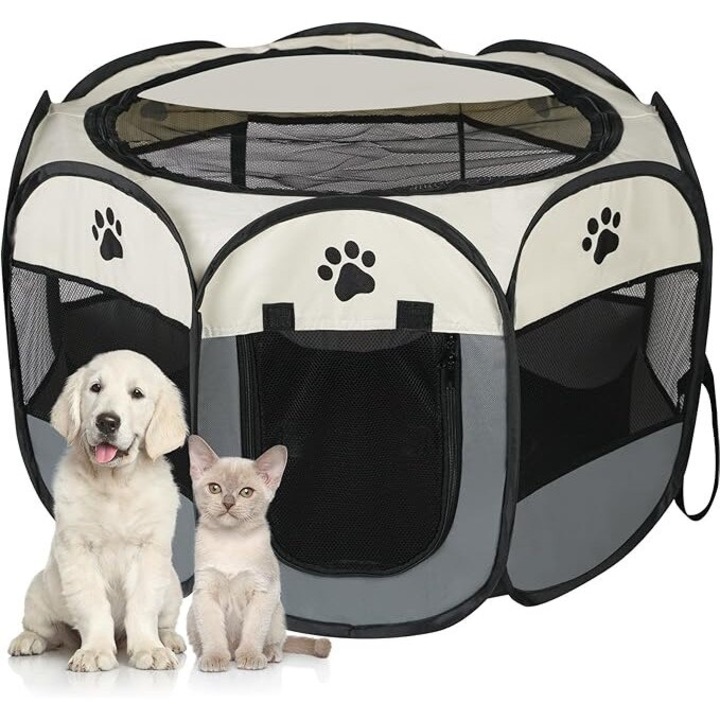 Összecsukható ketrec macskáknak és kutyáknak, acélváz hálóval, állatkert, nyolcszögletű kialakítás, zárt, levehető tetőablak a háziállatok könnyű megfigyeléséhez, 75x75x45cm, bézs/szürke