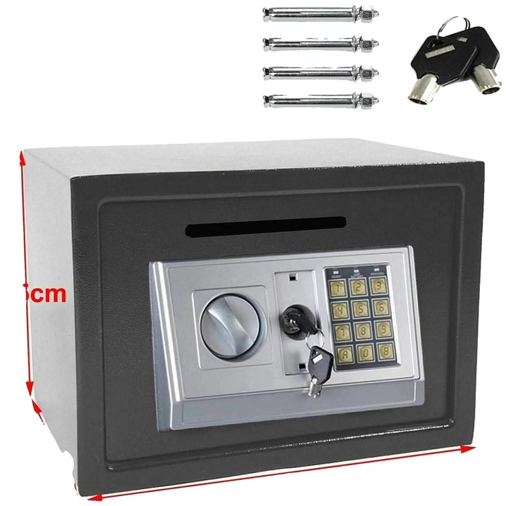 Seif digital 16L, constructie din otel solid, acces prin cod PIN si chei, gri, 250x350x250mm