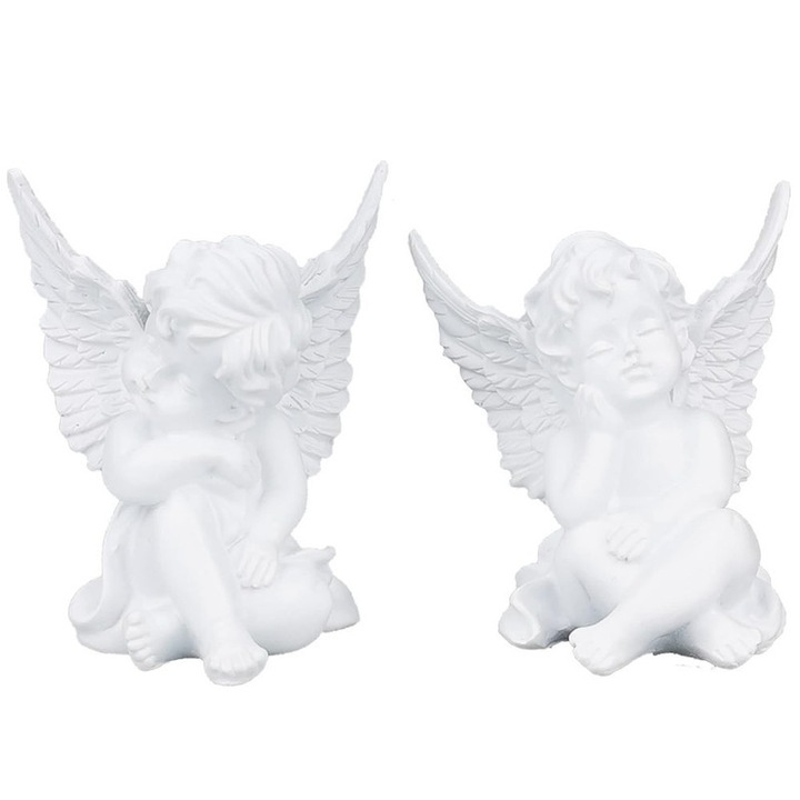 Set 2 figurine ingerasi decorative din rasina, albe, 10cm