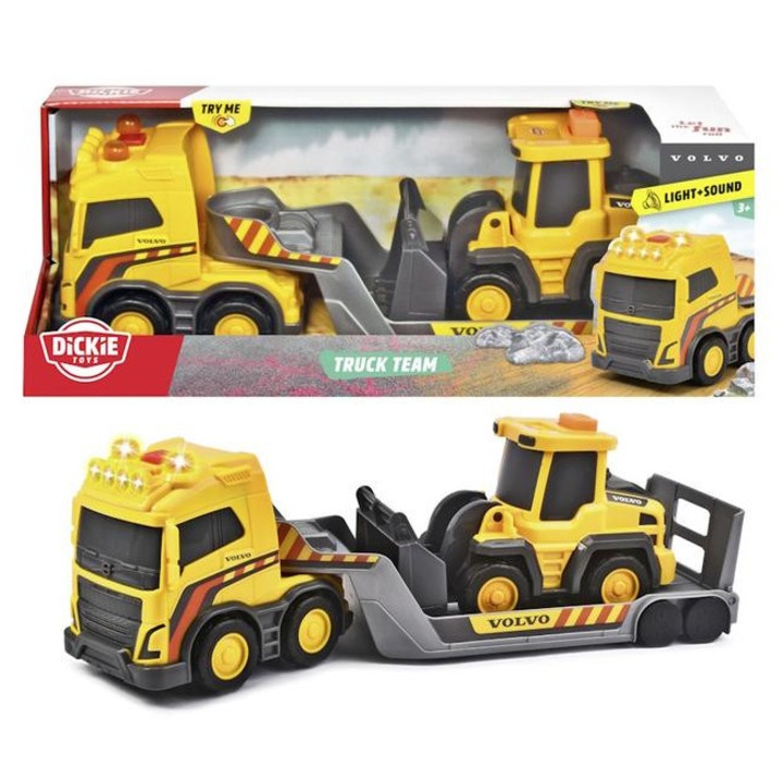 Set masinuta Dickie volvo set trailer si excavator cu sunete si lumini