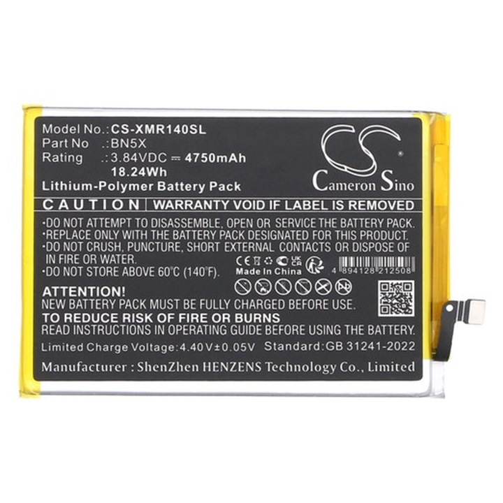 Xiaomi Redmi 14C 4G Cameron sino li-polymer akkumulátor, 3.84v / 4750mAh, xiaomi bn5x kompatibilis fekete, gyártói csomagolás