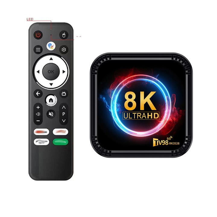 Smart TV Box, 8K Ultra HD, négymagos ARM Cortex-A53, Android 13.0, 2.4G/5G Dual Wi-Fi, 4GB RAM, 32GB ROM, 100M Ethernet, USB 3.0, Hangalapú keresés, fekete színű