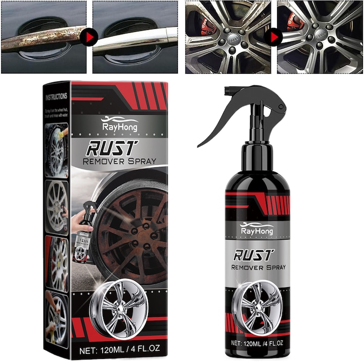 Solutie auto spray pentru curatare jante, Lecheng®, cu indicator de actiune, decontaminare rapida jante aluminiu, aliaj, otel si caroserie, detailing auto, 120 ml