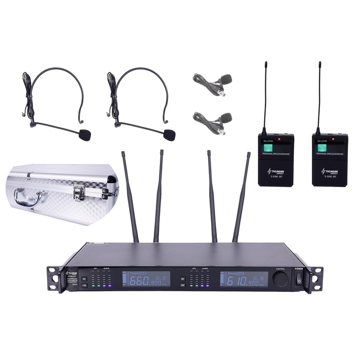 Microfon radio profesional Thunder U-2308 2HT UHF (2 buc. CLIP + 2 buc. microfoane HEAD) + Husa