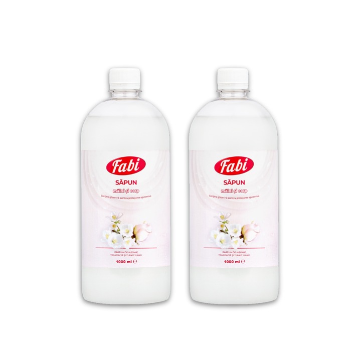 Pachet 2 x Sapun Lichid, Fabi, 1 L, alb, curatare delicata, parfum iasomie, trandafir si ylang ylang