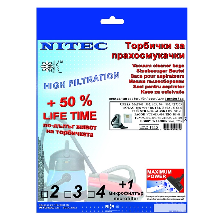 Saci pentru aspiratoare, NITEC, cod T115, 4 saci, compatibilitatea este mentionata pe ambalaj