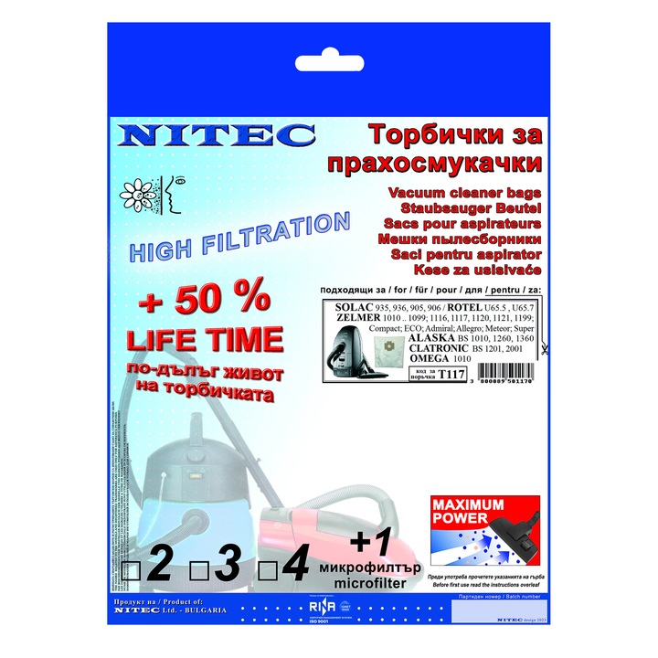 Saci pentru aspiratoare, NITEC, cod T117, 4 saci, compatibilitatea este mentionata pe ambalaj