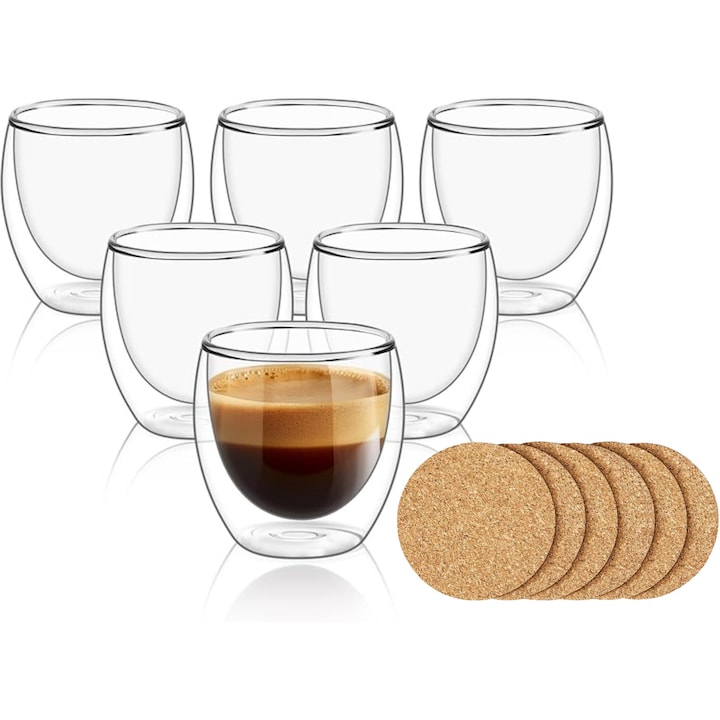 Set 6 cesti cu strat dublu pentru cafea si ceai 250 ml, din sticla termorezistenta transparenta, fara maner, Ideas4Comfort, include 6 suporturi din pluta pentru pahar, transparent