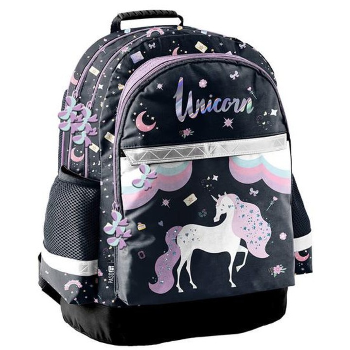 Ергономична ученическа чанта, раница Еднорог - 2 отделения - Черна, лилава (PP25UO-116)