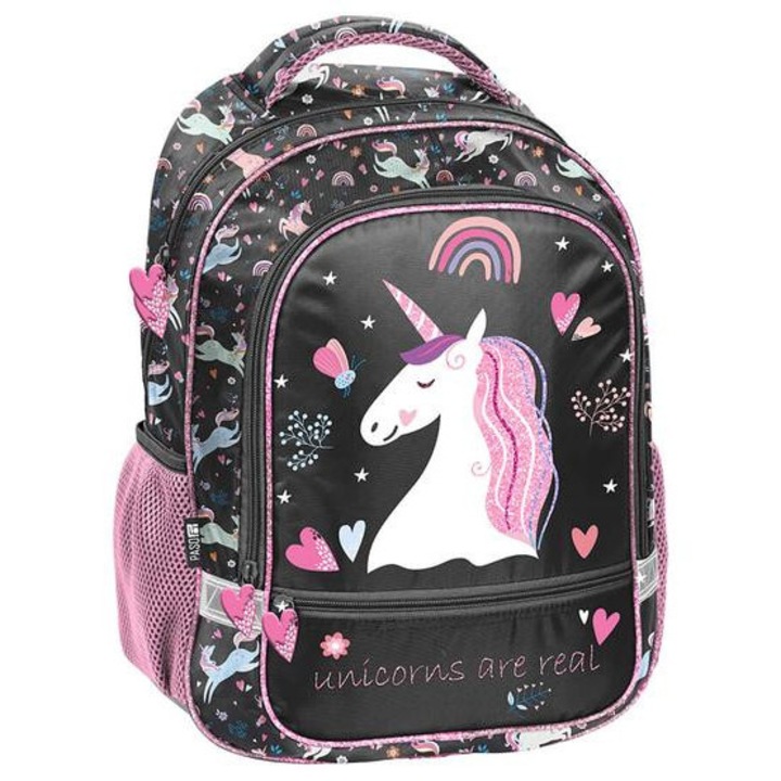 Ергономична ученическа чанта, раница Еднорог - 2 отделения - Черна, Розова (PP25JO-260)