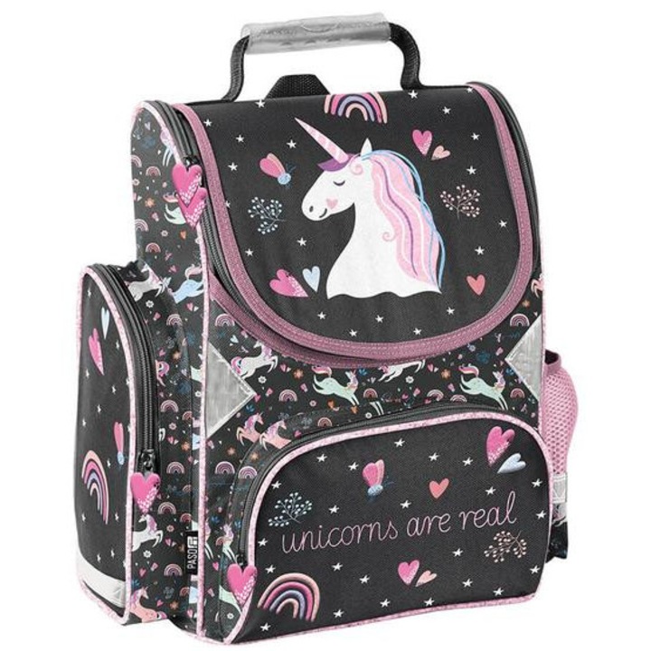 Ghiozdan scolar ergonomic, PASO, Unicorn, Negru, Roz PP25JO-525