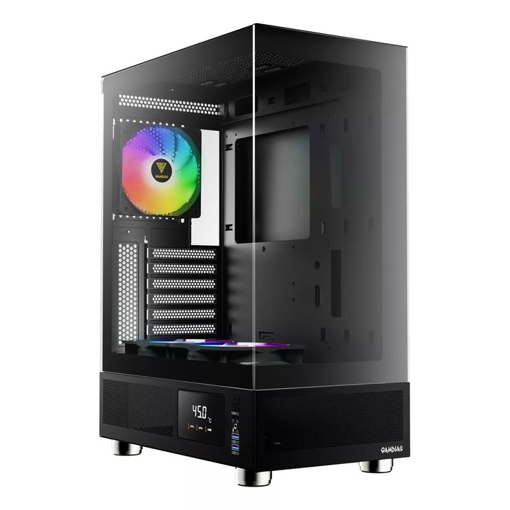 Carcasa Gamdias Atlas E1, Mid Tower, 3 ventilatoare incluse, Iluminare aRGB, include display ce afiseaza temperatura CPU, GPU sau ambientala, Negru