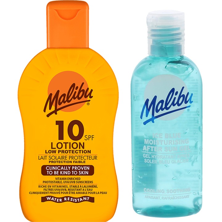 Set Malibu SPF10 Balsam Protectie 200ml si Gel After Sun 100ml, Aloe Vera, Hidratant