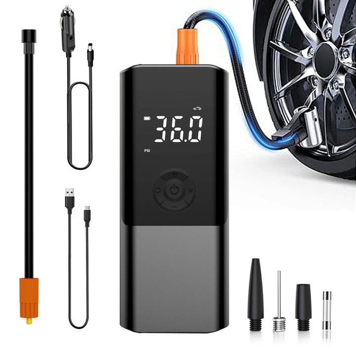 Pompa Aer Auto Electrica IDAMAKON Compresor Auto Portabil 70W Capacitate Baterie 6000mAh Reincarcare USB-C sau la Bricheta Oprire Automata Rapida Pentru Masini Biciclete Plaje si Saltele Negru