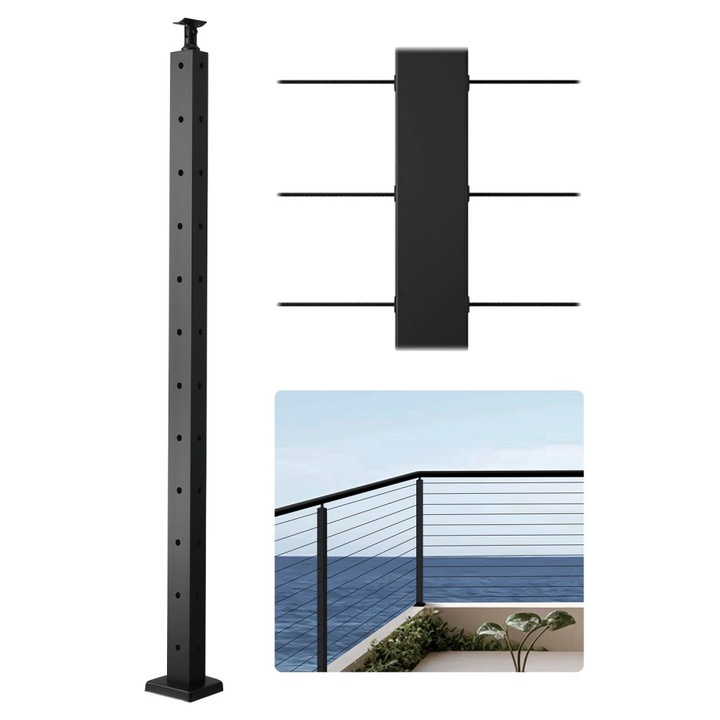 Stalp pentru balustrada tip cablu, 1 bucata, din otel, inaltime 106 cm, negru