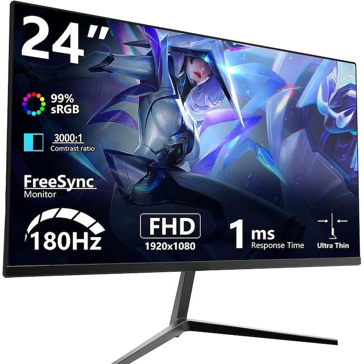 ILIKE 24 Inch gaming monitor, 1920x1080 FHD HDR számítógép monitor, 180Hz, 16:9 24 hüvelykes, 1ms, VA IPS panel, DP1.2 + HDMI, AdaptiveSync, keskeny káva, ultra-vékony kialakítás