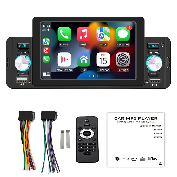 Radio MP5 Player auto, Player media auto, Radio auto, Fudisenn®, Imagine inversata, Carplay/Android Auto, USB, Bluetooth 5.1, Ecran oglinda, Hands-free, Radio FM, Stereo, 4x60W, 12V-14.4V, 7 culori de fundal, Display 5 inch，Suporta mai multe limbi, negru