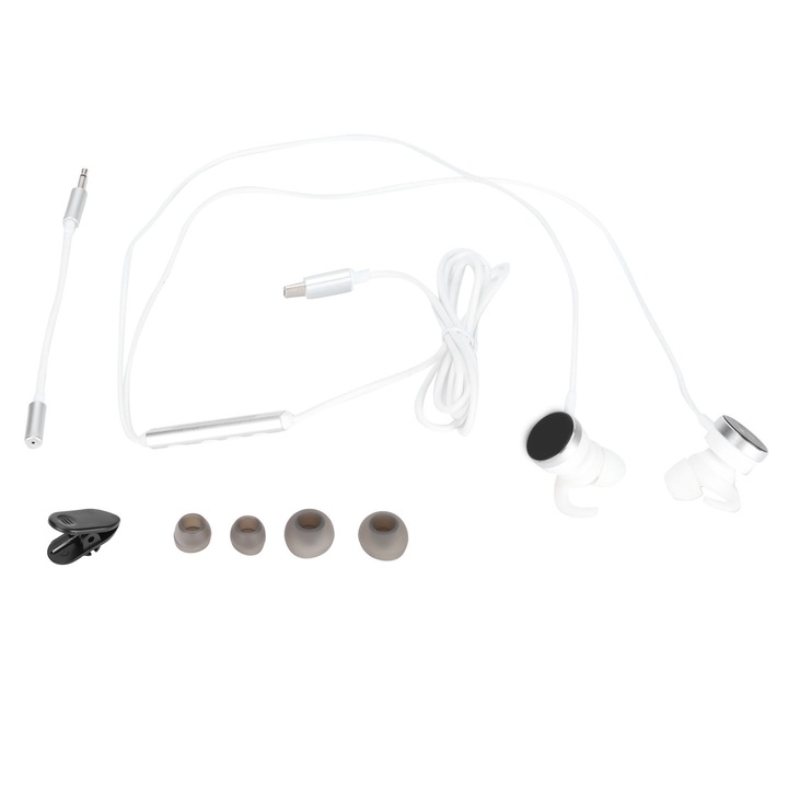 Casti in-ear GM1 0801BM-BSTY00468925, cu fir, microfon in linie, conector 3.5 mm si adaptor USB-C, metal, alb