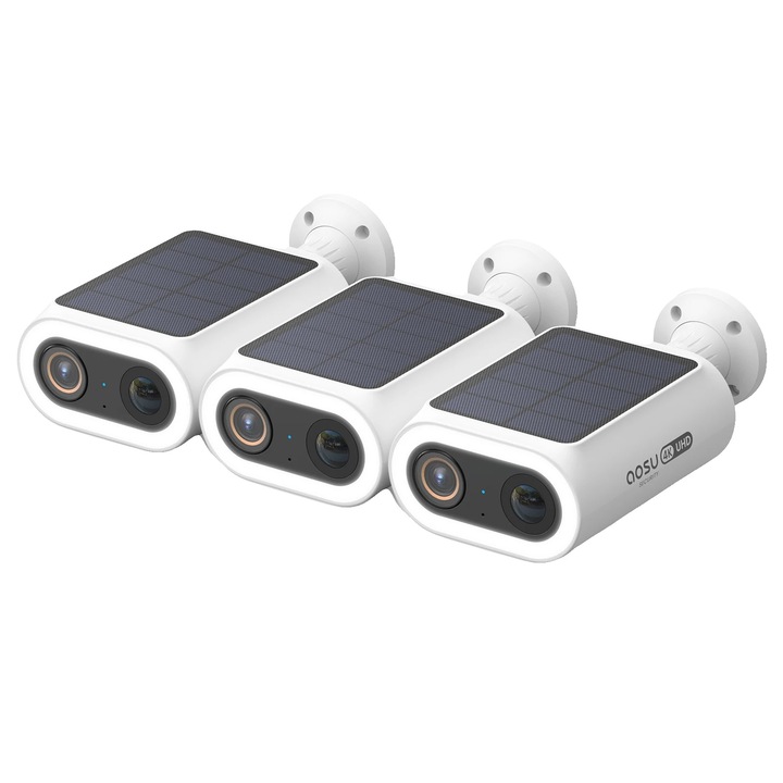 Соларна камера за наблюдение, 8MP, 4K, интелигентно детектиране, комплект от 3, бяла, захранвана от батерии
