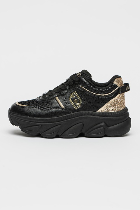 Liu Jo, Telitalpú bőr és műbőr sneaker hálós betétekkel, Aranyszín/Fekete
