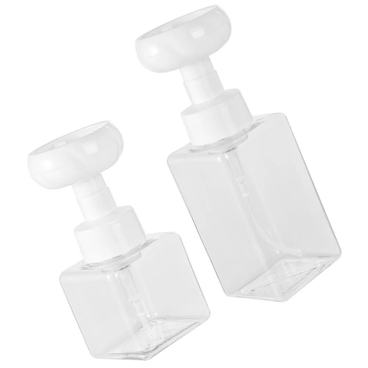 2 db habszappan adagoló készlet, átlátszó, 250ml és 450ml, 6.5x6.5x15.5cm és 6.5x6.5x20.5cm