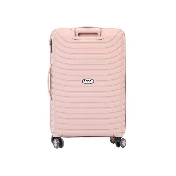 Troler mediu Bezubi Easy Travel, 71x44x32, volum 88 litri, maner telescopic, 4 roti duble silentioase, rotire 360 grade, inchidere cu fermoar si cifru, compartimentare cu buzunar, material PP special flexibil anti-casabil, roz
