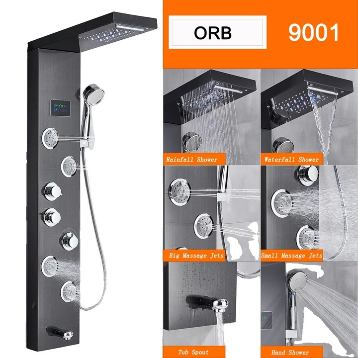 Coloana de dus, panou cu LED, cap de dus din alama, inaltime ajustabila, 5 functii de apa, 47.5x20cm