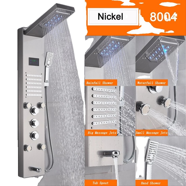 Coloana de dus, Nickel 8004, cap de dus din alama, inaltime ajustabila, 5 functii de apa, 47.5x20cm