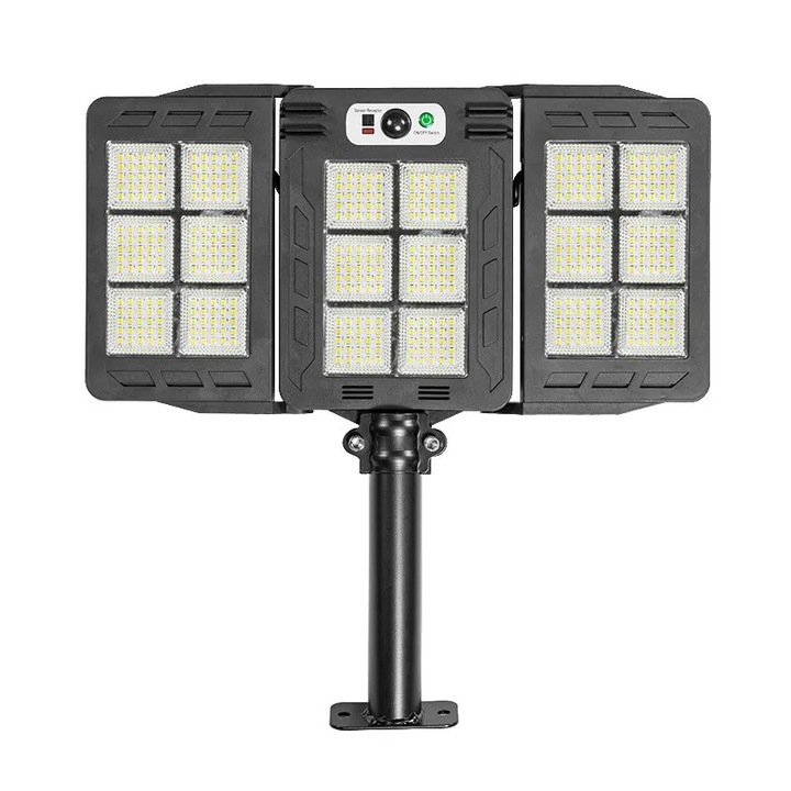 Lampa solara de exterior cu telecomanda NEXTLY, brate reglabile, 450 leduri SMD, lumina alb rece, 3 moduri de functionare, senzori de miscare si lumina, stare de veghe, iluminare continua, waterproof, unghi de iluminare 270°, ABS, W785-6, negru