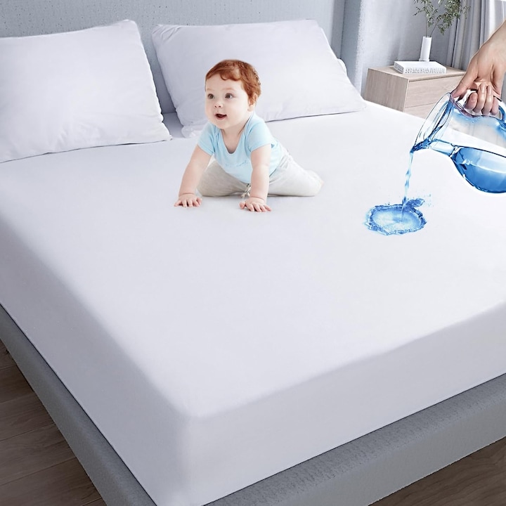 100% водоустойчив протектор за матрак NufJoy®, хавлиен памук, размер 160x200x25 см, премиум, може да се пере в пералня, чаршаф с ластик по периметъра, бял