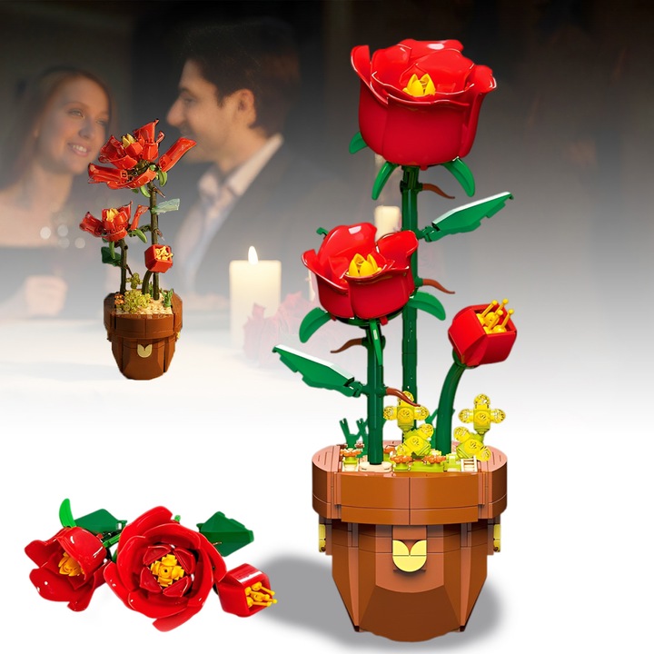 Set de Constructie Buchet Trandafiri, Set de constructie flori rosii, Set de blocuri buchet, jucarii cu blocuri de flori, ghiveci pentru blocuri de constructie,344 piese, 29.5x12cm, decorare birou, living, dormitor, plastic