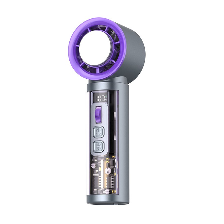 Ventilator, Bloc de gheata semiconductor, 100 de viteze reglabile continuu, Incarcare USB, Compact si portabil, Afisaj digital inteligent, Lumina ambientala, Gri violet