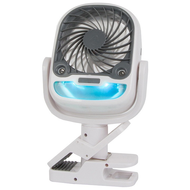 2 az 1-ben ventilátor párásítóval, Zola, irodába, vezeték nélküli, 360°-os forgatás, 3 sebesség, világítási funkció, konyhapultra csíptethető, 25 x 12,5 x 12,5 cm, fehér